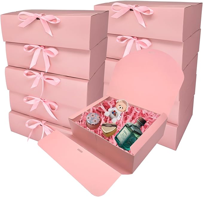 BoShahai 10 PCS Gift Boxes with Lids, 10.6x7.8x3.1 Inch Kraft Paper Gift Box, pink with Ribbon, Bridesmaid Proposal Box fo...