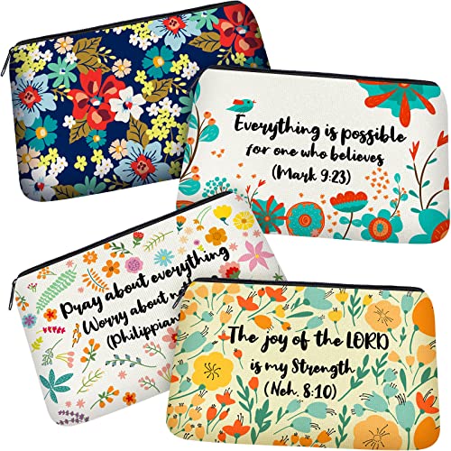 Outus 4 Pieces Inspirational Bible Verse Pencil Pouch Christian Pencil Case Scripture Canvas Makeup Bags for Students Offi...