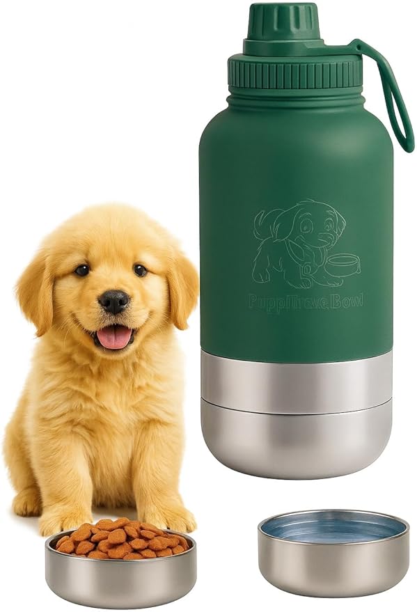 PuppiLovePets PuppiTravelBowl 3-in-1 Dog Travel Water Bottle – 32oz Insulated Aluminum Container with 2 Detachable Cups, L...