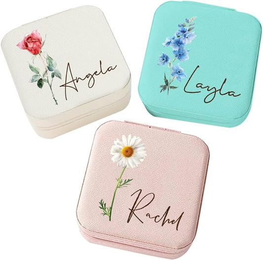 Corissy Personalized Jewelry Box for Women, Custom Travel Jewelry Case with Name and Birth Flower, Leather Jewelry Box for...