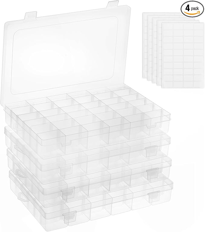 OUTUXED 4 Pack 36 Grids Plastic Bead Organizer Box with Dividers, Clear Craft Tackle Box Parts Storage Containers with Com...