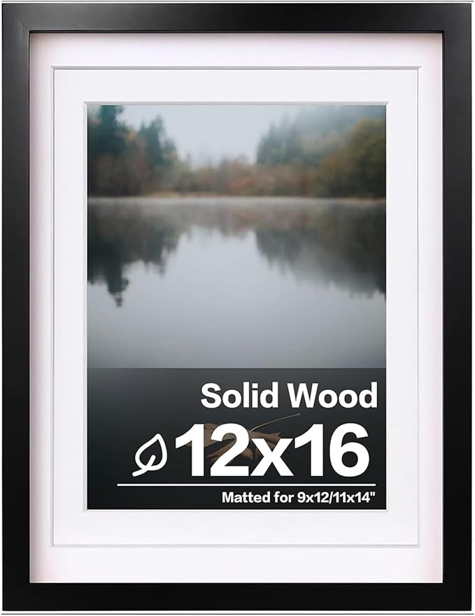 Egofine 12x16 Picture Frame Black, Covered by Plexiglass Made of Solid Wood, Display Pictures 9x12 and 11x14 with Mat or 1...