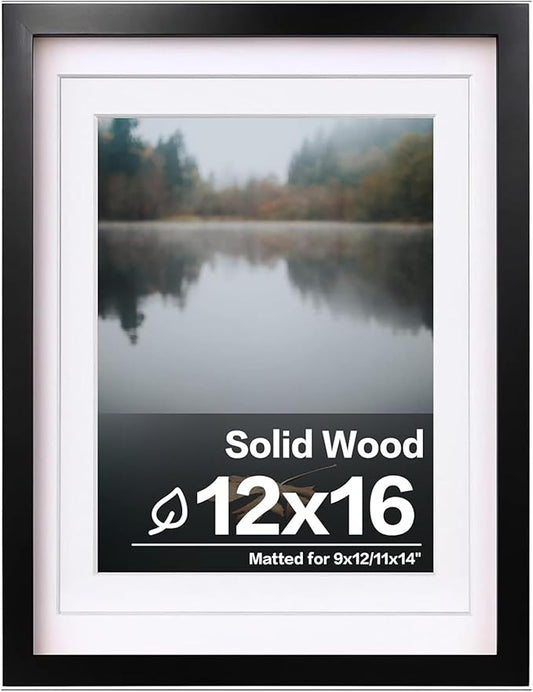 Egofine 12x16 Picture Frame Black, Covered by Plexiglass Made of Solid Wood, Display Pictures 9x12 and 11x14 with Mat or 1...