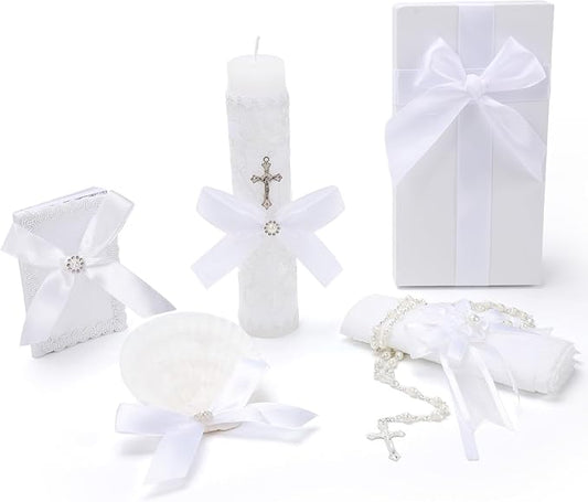 Baptism Candle Set for Boys and Girls,White 5 PCS Baptism Kit Catholic Candle,Baptismal Towel,Shell,Rosary,Bible for Bapti...