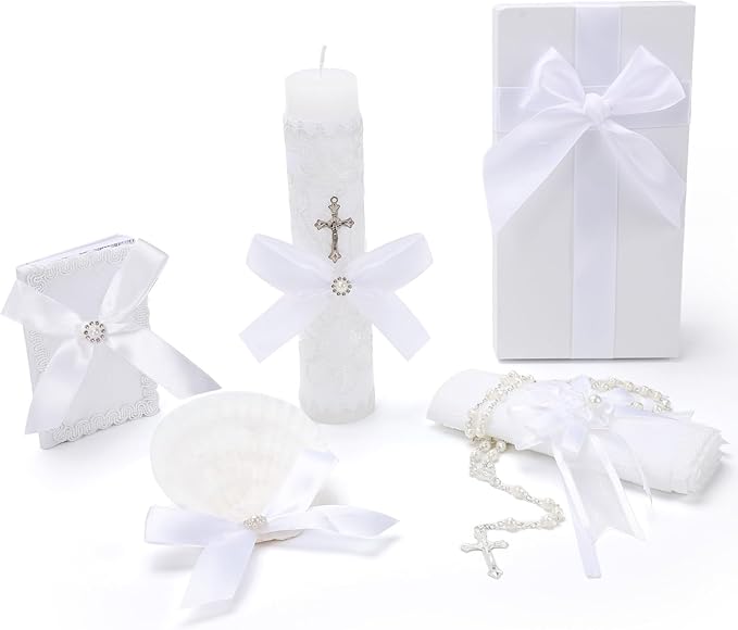 Baptism Candle Set for Boys and Girls,White 5 PCS Baptism Kit Catholic Candle,Baptismal Towel,Shell,Rosary,Bible for Bapti...