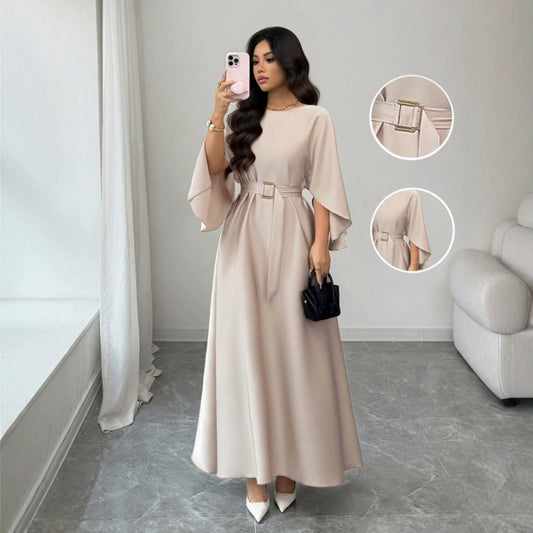 Womens Fashion Round-Neck Defined-Waistline Lace-Up Dress