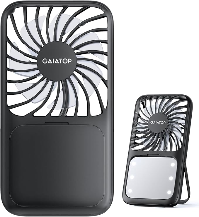 Gaiatop Portable Handheld Fan, 3 Speed LED Makeup Mirror with Light, Folding Stand for Desktop, Rechargeable Mini Personal...