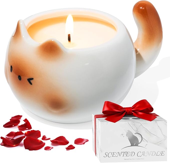 Cat Lover Gift – Cute Cat Scented Candle for Women, Rose Aromatherapy Soy Candle in Ceramic Cat Jar, Funny Cat Lover Gift ...
