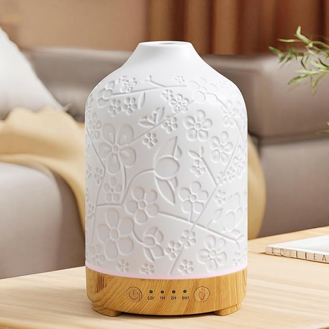 Essential Oil Diffuser Ceramic Diffuser -Aromatherapy Diffuser for Essential Oils with Timer and 7 Colors LED Light Ultras...