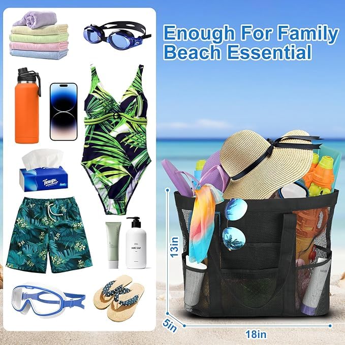 OILPUS Large Mesh Beach Bag, Beach Tote Bags with 9 Pocket for Family