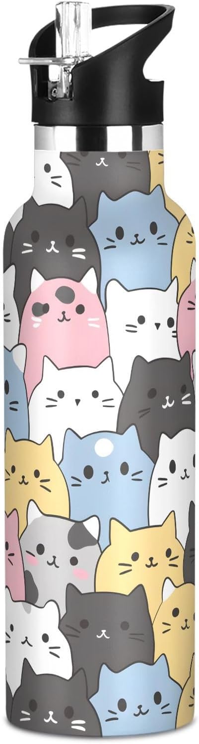 Cats Cute Animal Water Bottles for Boys Kids Stainless Steel Thermos Bottle Cups with Straw Lid Leakproof Insulated Flask ...
