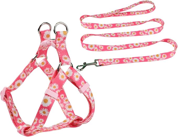Olahibi Harness and Leash Set, Floral Pattern, 5ft Matching Leash, No Pull, Easy Wear for Medium Dogs.(M, Pink Daisy)