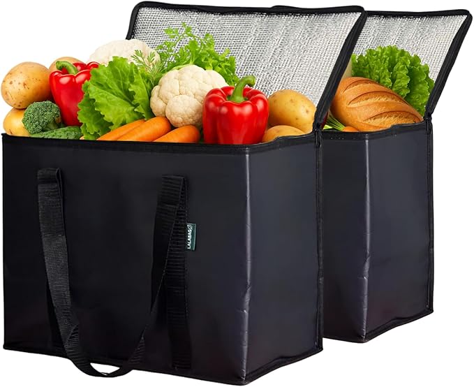 LALABAG 2-Pack Insulated Reusable Grocery Bags – Large Cooler Tote for Cold & Hot Food, Stays Upright, Durable, Foldable f...