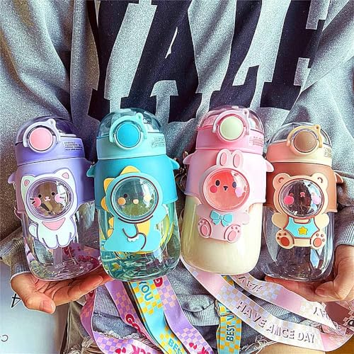 Kawaii Water Bottle Cute Water Bottles for Girls, Kawaii Water Bottle with Straw and Adjustable Strap, Portable Leakproof ...