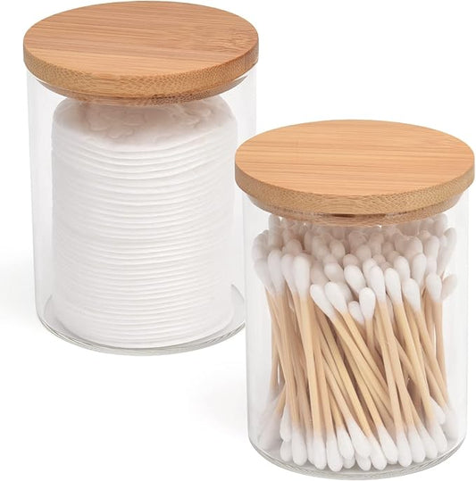 BKYFPQ 2 Pack Glass Qtip Holder Dispenser Set - Apothecary Jars with Lids - Vanity Makeup Organizer and Bathroom Canister ...