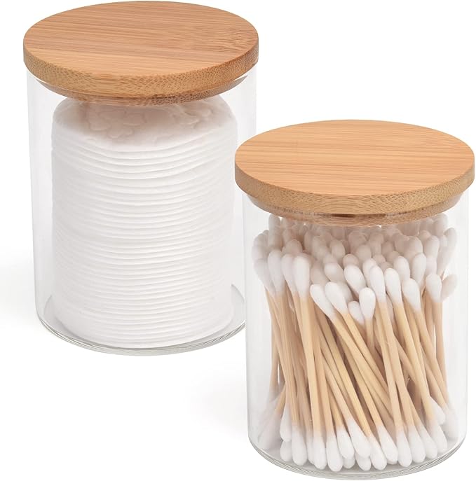 BKYFPQ 2 Pack Glass Qtip Holder Dispenser Set - Apothecary Jars with Lids - Vanity Makeup Organizer and Bathroom Canister ...