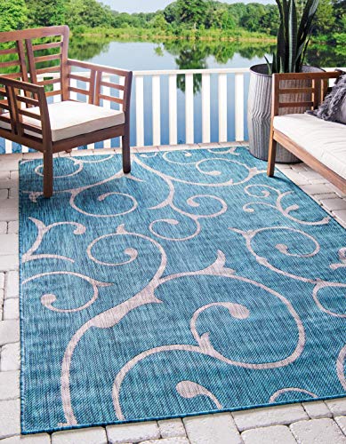 Unique Loom Outdoor Botanical Collection Area Rug - Curl (6' 1" x 9' Rectangle, Teal/ Ivory)
