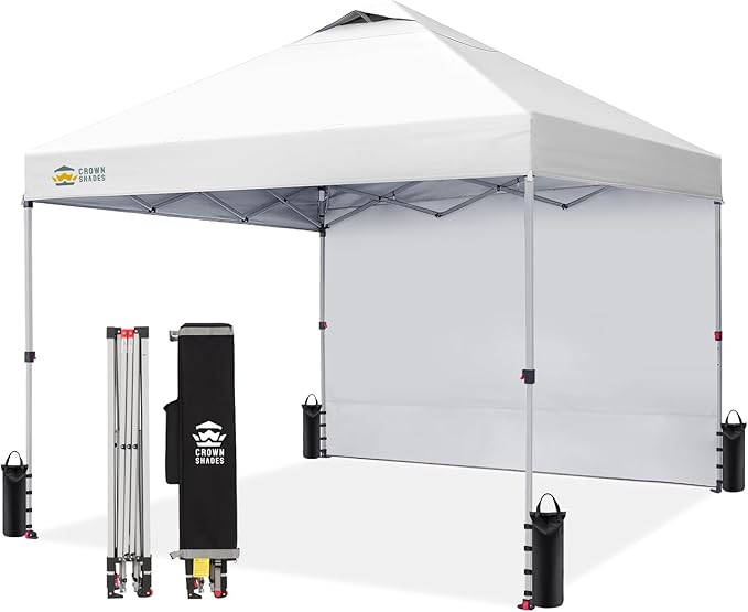CROWN SHADES 10x10 Pop Up Canopy with 1 Side Wall - Beach Tent with One Push Setup - Outdoor Sun Shade for Events, Partie...