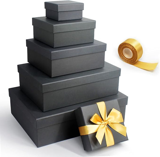 Black Gift Box Set (6 Sizes), Gift Boxes with Lids for Presents, Pre-Wrapped Boxes for Gifts, Sturdy Gift Wrap Box for Val...