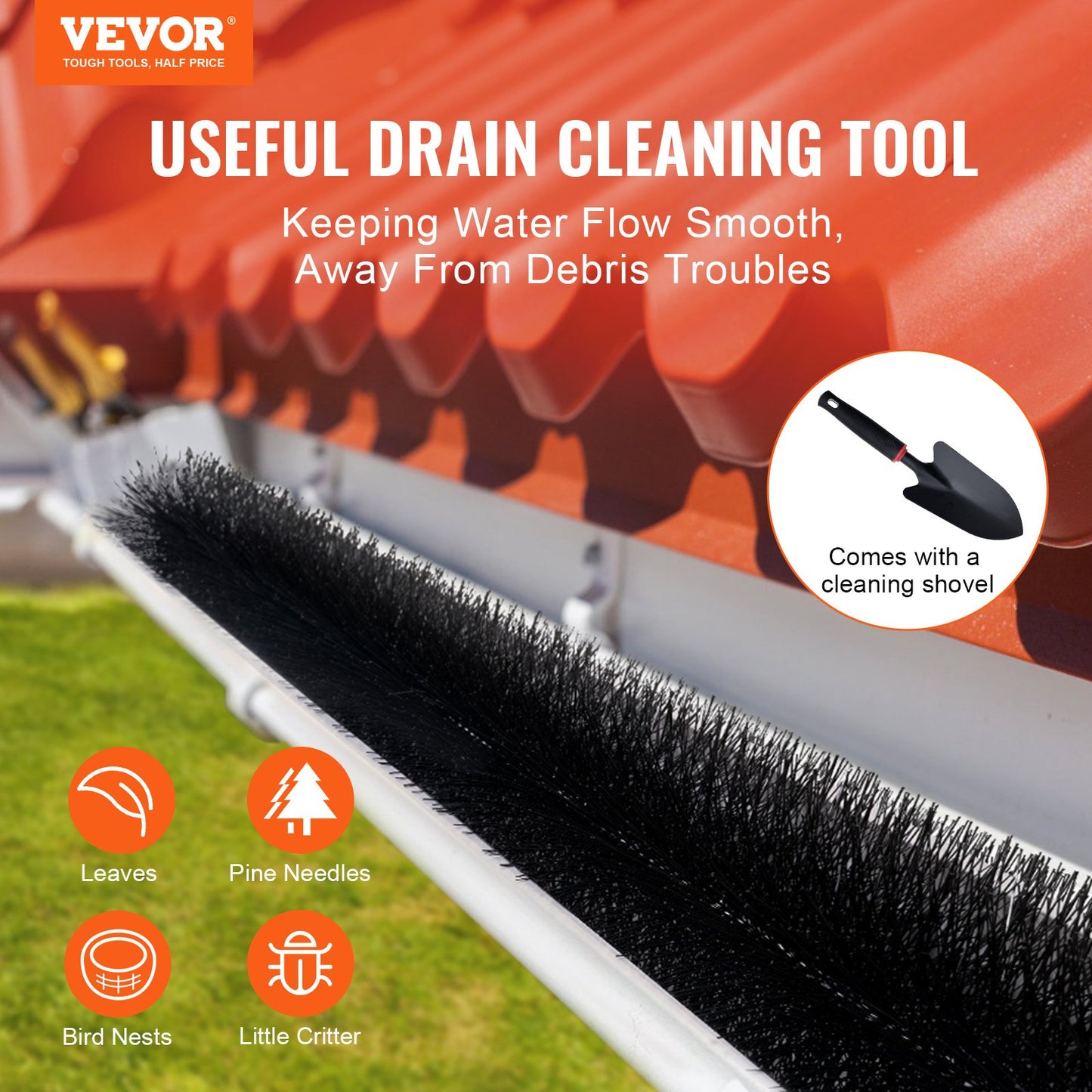 Gutter Brush, 60 Feet Total Length 5.25 Inch Diameter Gutter Cleaning Tools, Ground-Level Gutter Brush Leaf Guard For 5 Inch Gutters, Easily Clear Roof Leaves And Debris, 20 Pack