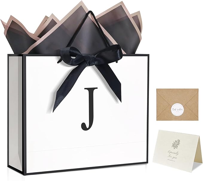 QLSKO Monogrammed Gift Wrap Bag Personalized Initial Paper Bag with Card Matching Envelope Sticker,Bow Ribbon and Wrapping...