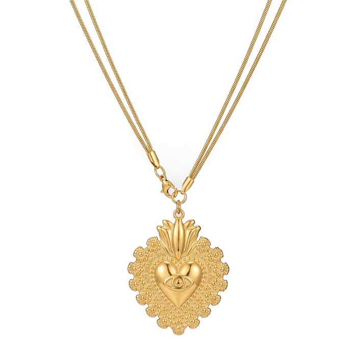 Sacred Heart Evil Eye Pendant Necklace For Women, 18K Gold Plated Stainless Steel Snake Chain Choker, Protection Amulet Religious Jewelry Gift