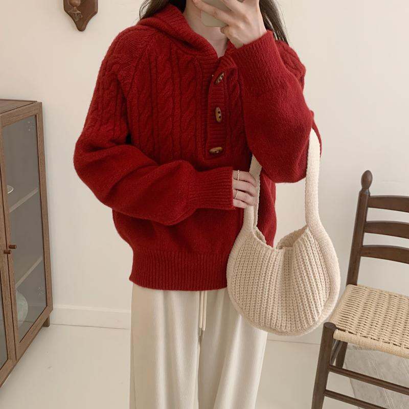 Korean-style Horn-Button Cable-Knit Sweater For Women