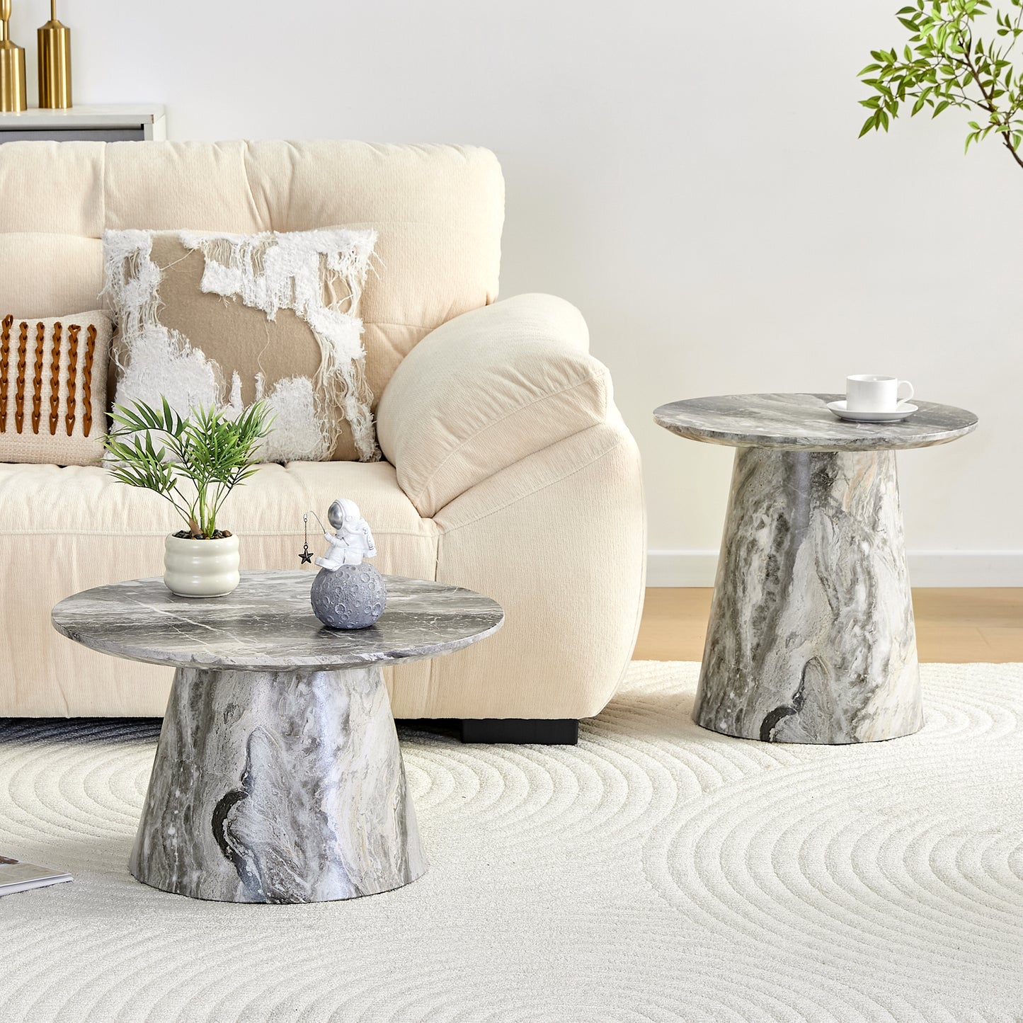 Nested Coffee Table, Medieval-modern Style Coffee Table, Featuring Grey Veneer, Classic Round Coffee Table And Side Table Set, Simple Living Room, Office Center Table