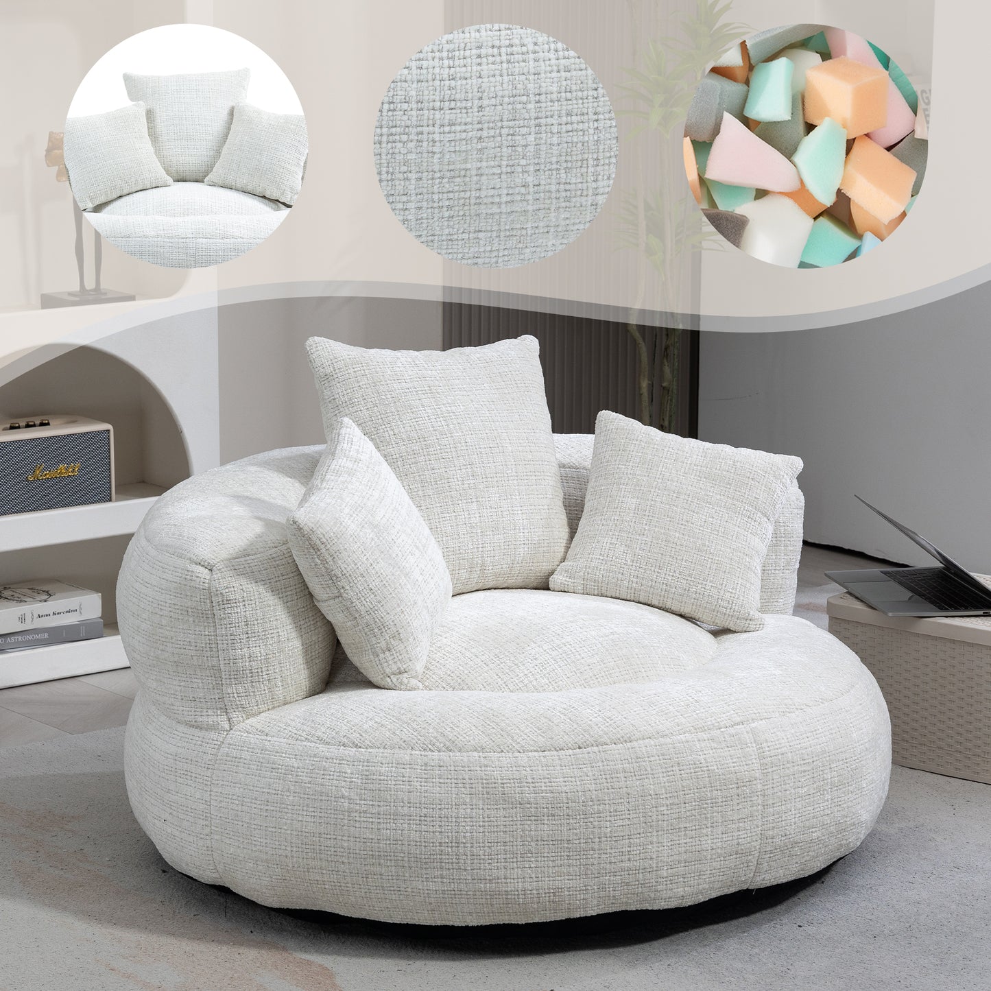 Lazy Sofa Durable Comfort Lounger High Back Bean Bag Chair Couch With Three Cushions For Adults And Kids, Indoor & Outdoor, Single Gaming Sofa Chair For Bedroom, Office  Beige Chenille