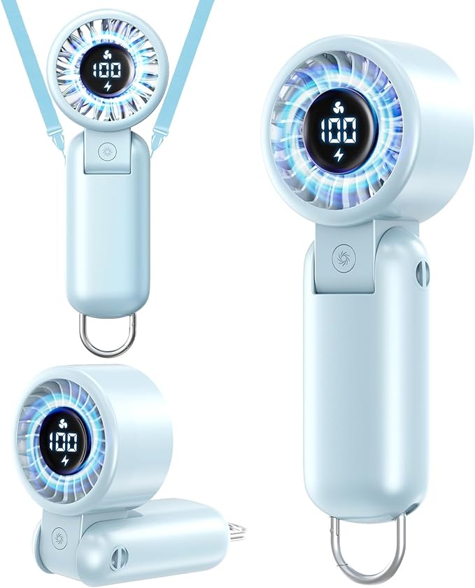 Portable HandHeld Turbo Fan - Foldable Personal Fan with LED Display, 5 Speeds, Lanyard, USB Rechargeable, Strong Airflow,...