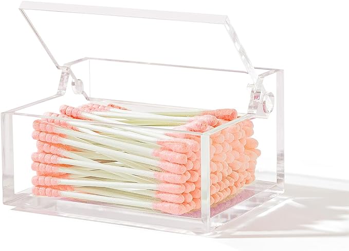 Dealpoli Clear Acrylic Qtip Holder with Lid, Cotton Balls Swab Organizer, 3.9" x 2.8" x 2" Dispenser for Makeup Pad, Floss...
