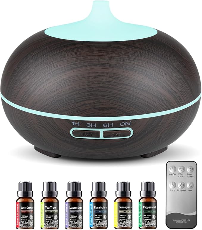 550ml Large Capacity Essential Oil Diffuser with 6 Essential Oil Set, Aromatherapy Ultrasonic Air Humidifier with Timer Se...