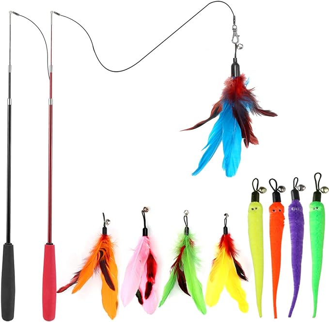MeoHui Cat Toys for Indoor Cats, Interactive Cat Toy 2PCS Retractable Wand Toy and 9PCS Cat Feather Toys Refills, Funny Ki...