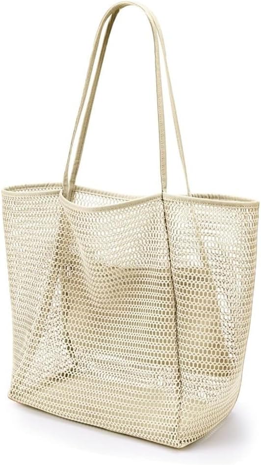 Zptjql Mesh Beach Bag, 23L Foldable Sandproof Lightweight Tote, Breathable Pool Bag with Wide Shoulder Straps, Zipper Pocket
