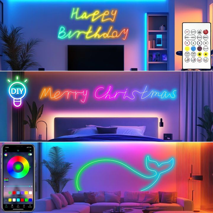 Cozylady 40Ft (20Ft *2 Rolls) RGB LED Neon Rope Lights for Bedroom, 12m LED Strip Lamp with Double Sided Adhesive Tape, Ap...