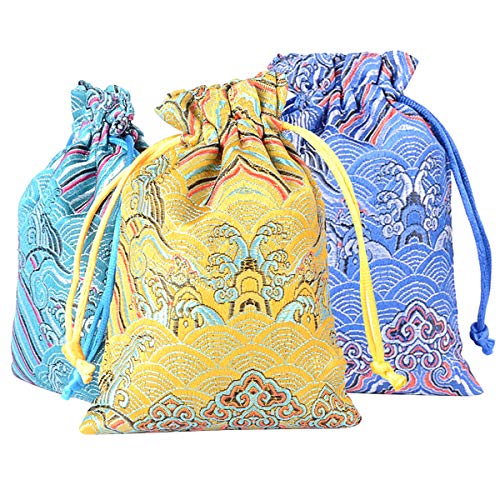 PINOWU 10pcs Silk Brocade Jewelry Pouch Bag 4x5.5 for Wedding Party Favors, Drawstring Coin Purse Embroidered Sachet Candy...