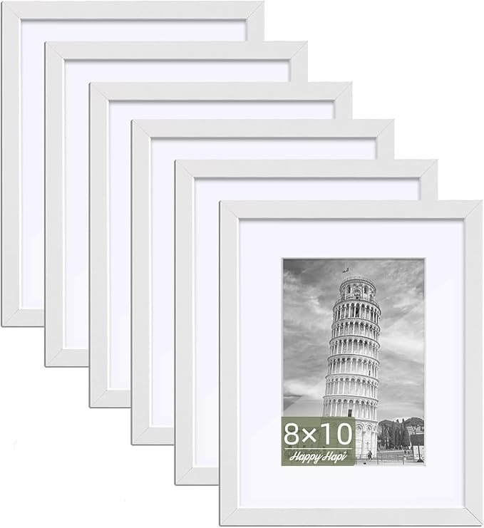 HappyHapi 8x10 Picture Frame Set of 6, 8x10 White Picture Frame Display Pictures 5x7 with Mat or 8x10 Without Mat. Wall Ha...