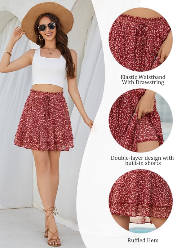 Summer Flowy Skirts Women Mini Skorts Casual Boho Floral Skirts Ruffle with Shorts Underneath Beach Tiered Skorts