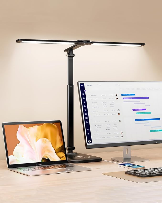 CHARYJOD LED Desk Lamp for Office Home, Height Adjustable Architect Desk Light with USB Adapter, Stepless Dimming Desk Lam...