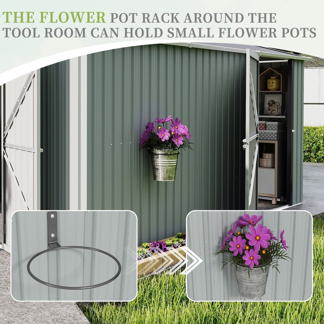 10x12 FT Outdoor Metal Storage Shed, Large Storage Sheds With Sturdy Frame Structure, Metal Garden Tool Shed With Lockable Door For Garden,Gift A Foldable Flower Pot Stand, Backyard, WHIT