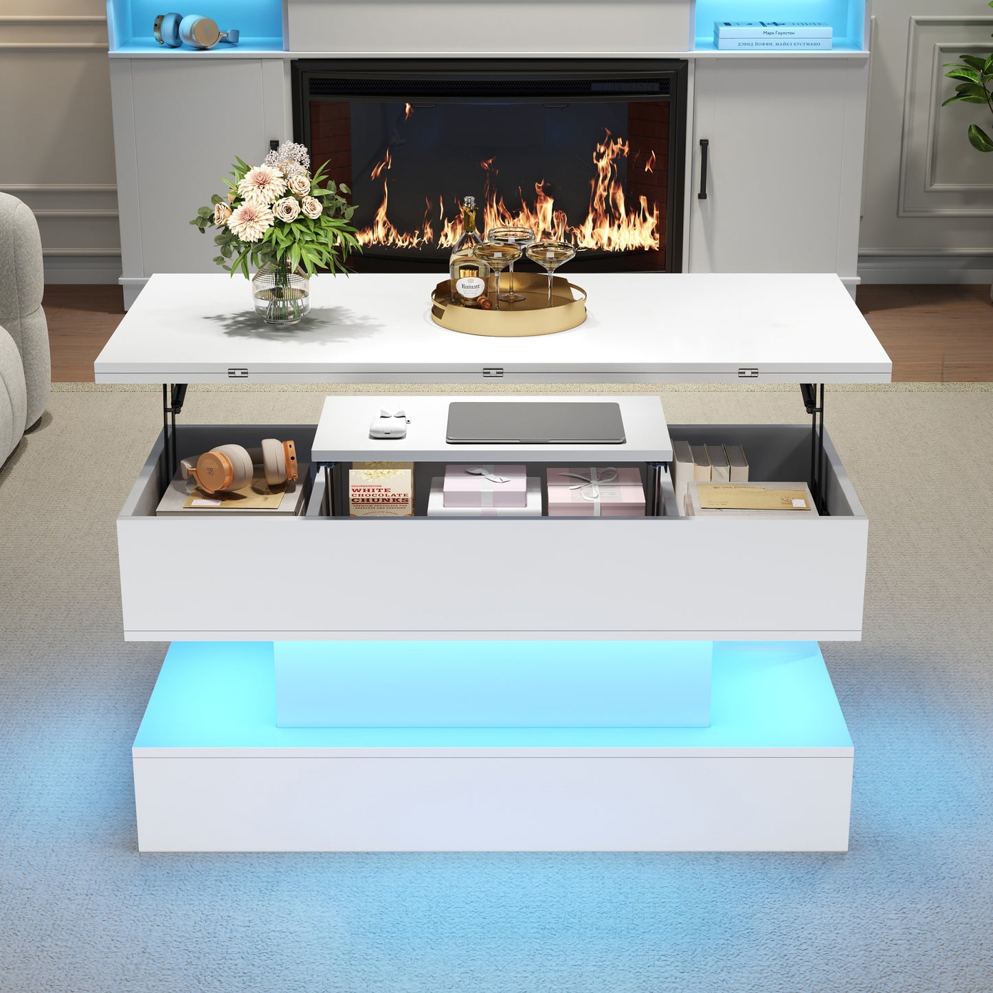 100x50x51.5cm Coffee Table With Socket,USB-C&USB Charging Socket,Multifunctional Living Room Table With LED, Liftable Coffee Table, Height Adjustable Sofa Table,Side Table And Dining Table With Storag