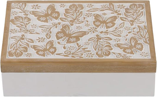 Synovana Wooden Keepsake Box - Decorative Wood Boxes with Hinged Lid, Butterfly Engraved Design, 10.24" W
