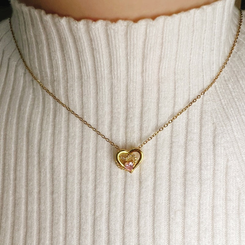 New Heart-shaped Diamond Inlaid Birthstone Pendant Necklace