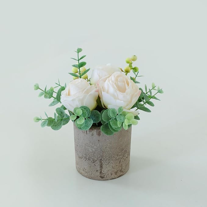 Rosscer Small Artificial Burnt White Rose Potted Plant, 6" Fake Silk Flowers in 3" Cylindrical Pot, Mini Faux Floral Arran...