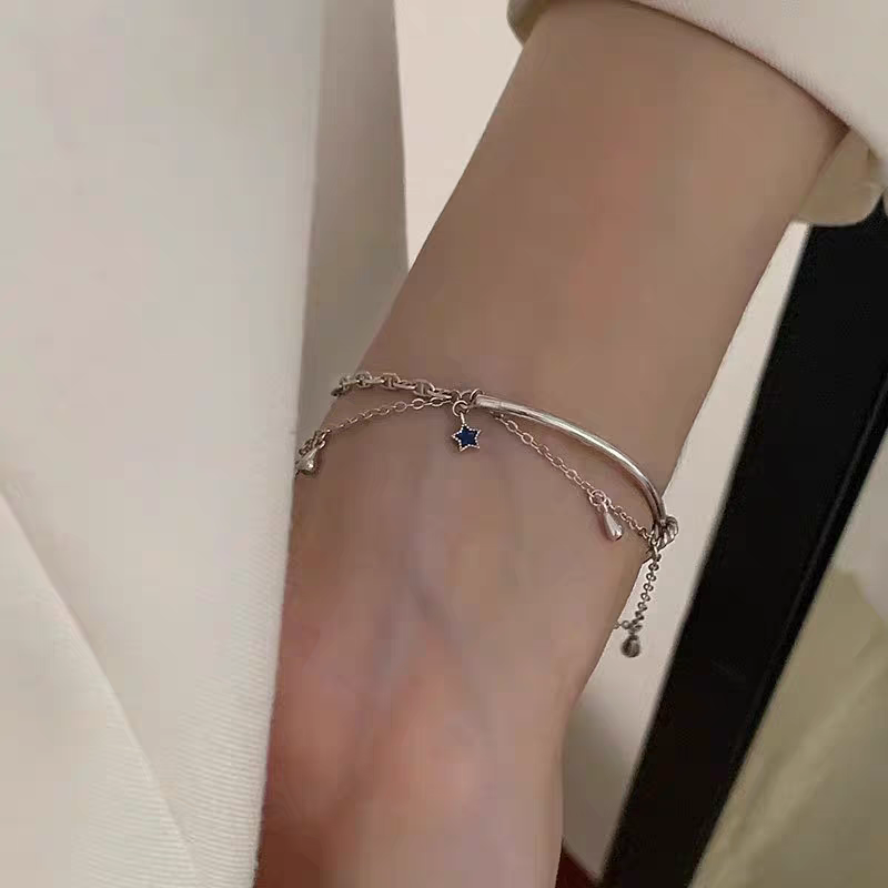 1pc 999 Sterling Silver Double-Layer Tassel Star Half-Bangle Bracelet, Trendy Style, Perfect For Daily Wear & Valentine's Gifts