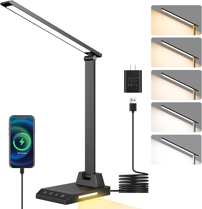 ShineTech LED Desk Lamp with USB-C Charging Port, Dimmable Desk Lamp for Home Office, Eye-Caring Reading Lamp with 25 Ligh...
