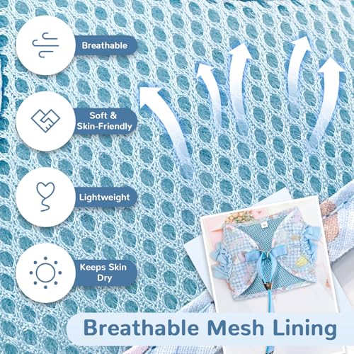 ABRRLO Small Dog Harness and Leash Set Soft Breathable Mesh No Pull Puppy Harness with Bowknot Adjustable Cute Blue Dog Ve...