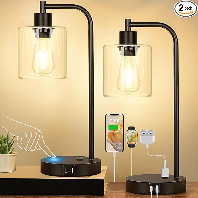 Set of 2 Industrial Touch Control Table Lamps with USB C+A Ports and AC Outlet - 3-Way Dimmable Black Bedside Lamps Nights...