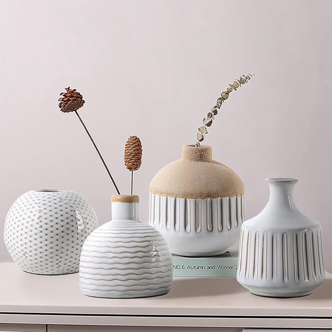 LIZOFER Boho Minimalist Small Ceramic Vase Set of 4 for Bedroom Living Room Office Fireplace Centerpiece Antique White Vin...