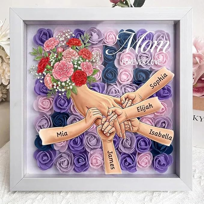 Personalized Mommy Holding Hands Flower Shadow Box with Kids Name Custom Kids Names Carnation Floral Heart Frame, Premium ...
